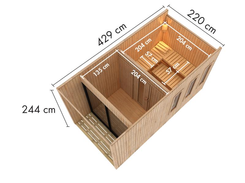 Karibu Saunahaus Miramar natur, inkl. 9 kW Bioofen ext. Steuerung, inkl. Vorraum, 73 mm