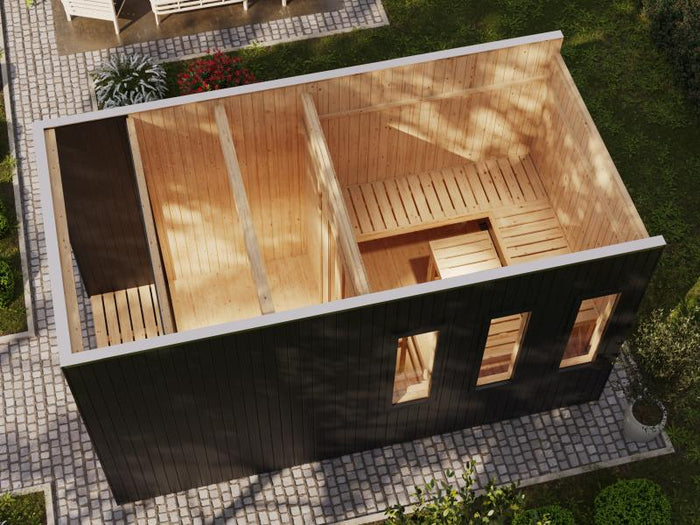 Karibu Saunahaus Miramar schwarz 73 mm inkl. 9 kW Ofen externe Steuerung mit Vorraum