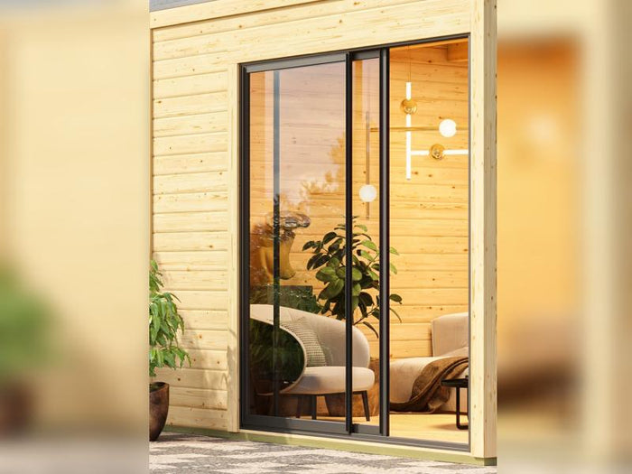 Karibu Saunahaus Miramar schwarz 73 mm inkl. 9 kW Ofen externe Steuerung mit Vorraum