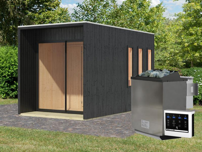 Karibu Saunahaus Miramar schwarz 73 mm inkl. 9 kW Bioofen externe Steuerung mit Vorraum