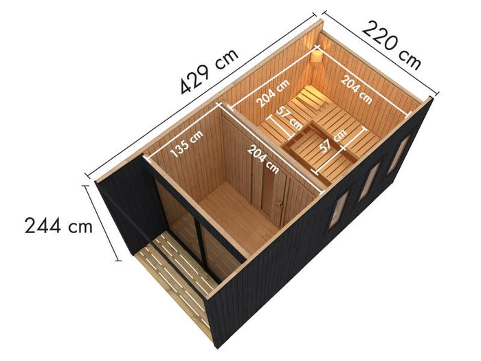 Karibu Saunahaus Miramar schwarz 73 mm inkl. 9 kW Bioofen externe Steuerung mit Vorraum