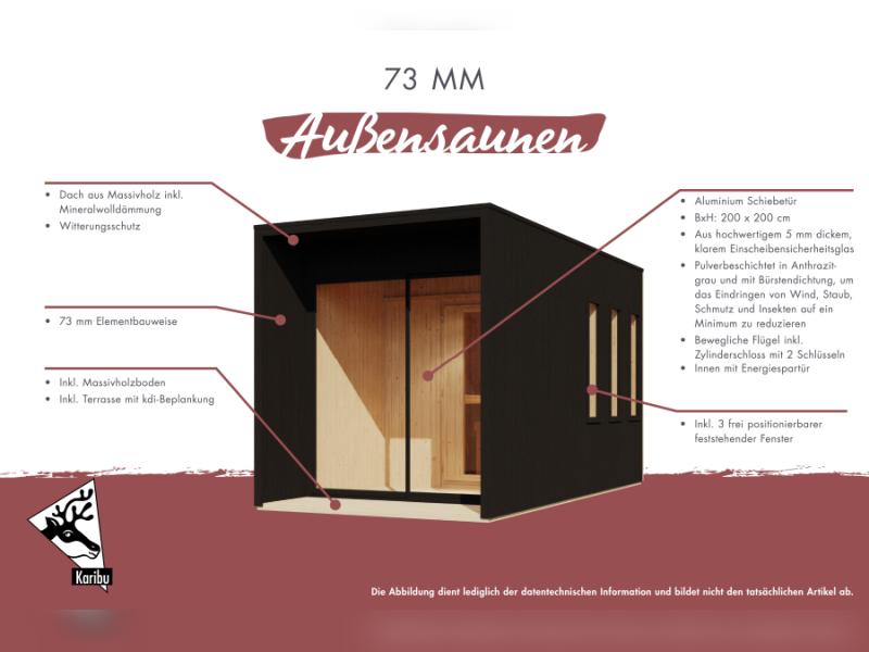 Karibu Saunahaus Miramar schwarz 73 mm ohne Ofen, inkl. Vorraum