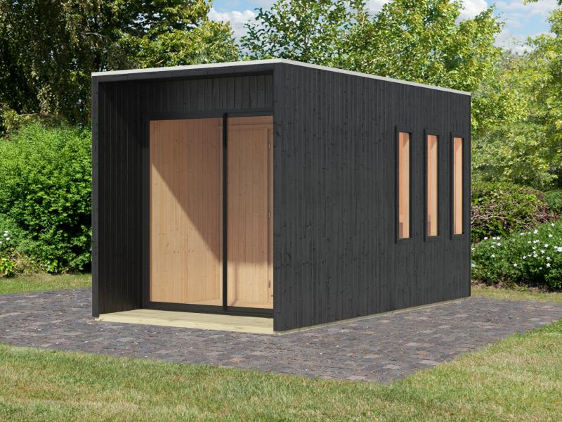 Karibu Saunahaus Miramar schwarz 73 mm ohne Ofen, inkl. Vorraum