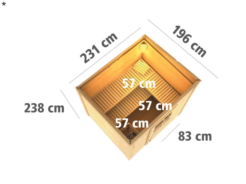 Karibu Saunahaus Norge 38 mm- 9 kW Bioofen ext. Strg- Milchglastür