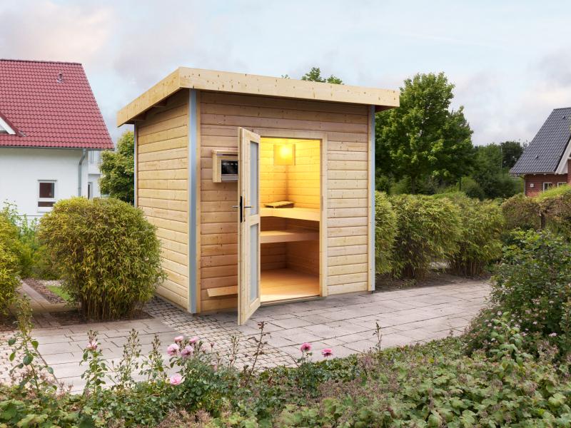 Karibu Saunahaus Norge 38 mm- 9 kW Bioofen ext. Strg- Milchglastür