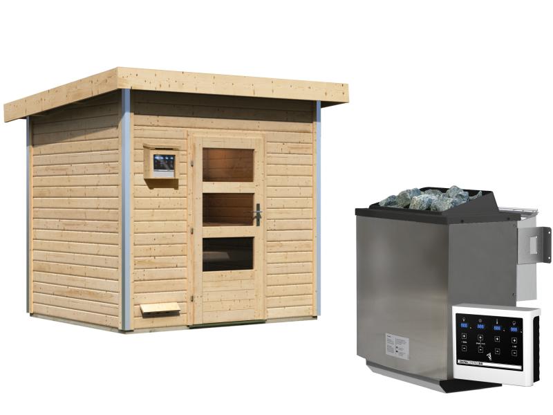 Karibu Saunahaus Norge 38 mm- 9 kW Bioofen ext. Strg- moderne Tür