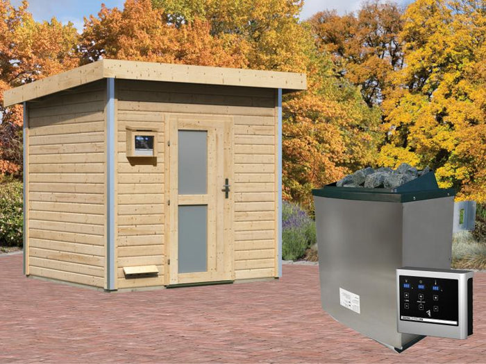 Karibu Saunahaus Norge 38 mm- 9 kW Ofen ext. Strg- Milchglastür