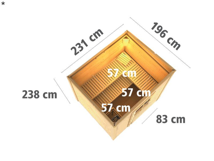 Karibu Saunahaus Norge 38 mm- 9 kW Ofen ext. Strg- Milchglastür