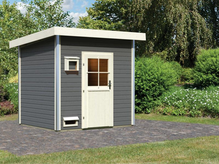 Karibu Saunahaus Norge, terragrau, mit klassischer Tür -ohne Ofen-