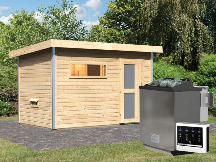 Karibu Saunahaus Skrollan 1 38 mm- 9 kW Bioofen ext. Strg- Milchglastür