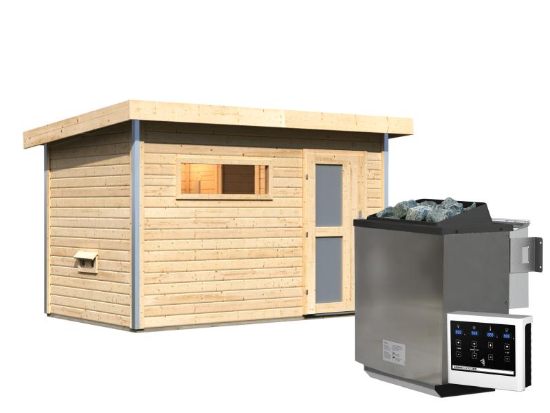 Karibu Saunahaus Skrollan 1 38 mm- 9 kW Bioofen ext. Strg- Milchglastür
