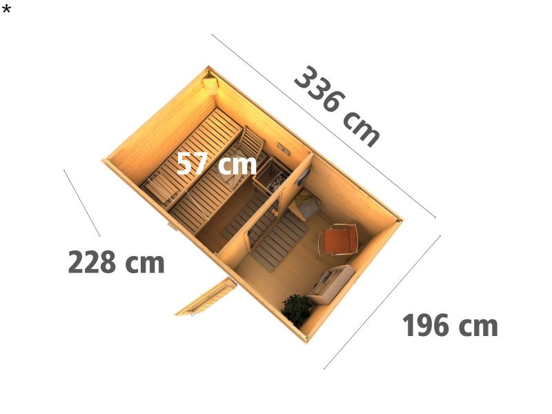 Karibu Saunahaus Skrollan 1 38 mm- 9 kW Bioofen ext. Strg- Milchglastür