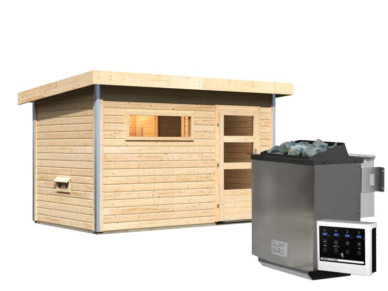Karibu Saunahaus Skrollan 1 38 mm- 9 kW Bioofen ext. Strg- klarglas Tür