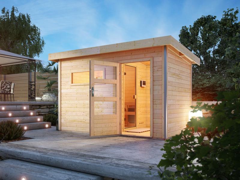 Karibu Saunahaus Skrollan 1 38 mm- 9 kW Bioofen ext. Strg- klarglas Tür