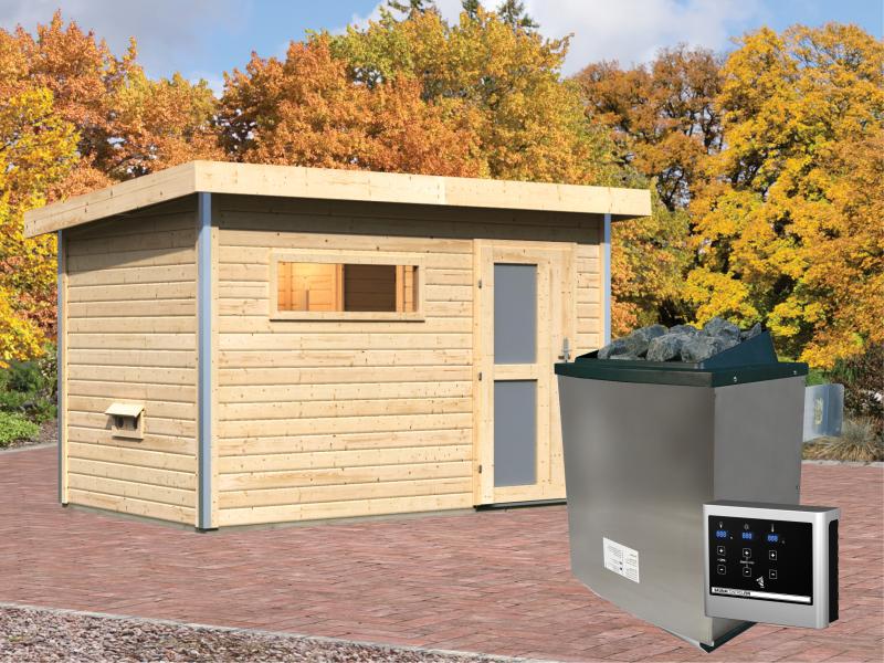 Karibu Saunahaus Skrollan 1 38 mm- 9 kW Ofen ext. Strg- Milchglastür