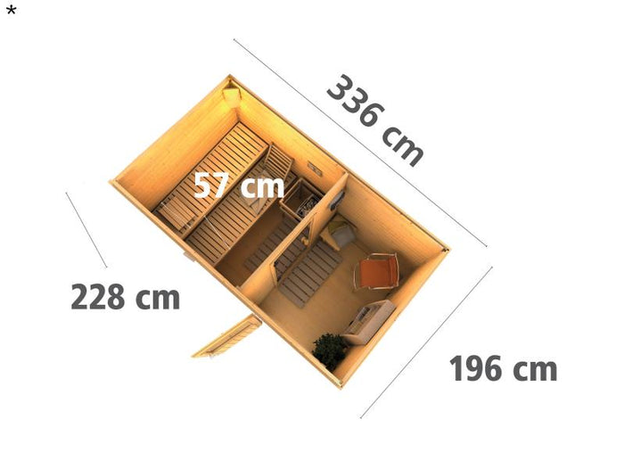 Karibu Saunahaus Skrollan 1 38 mm- 9 kW Ofen ext. Strg- Milchglastür