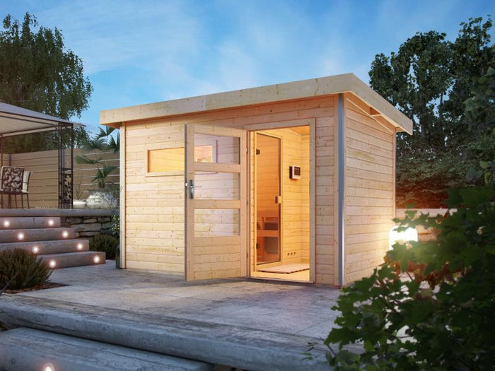 Karibu Saunahaus Skrollan 1 38 mm- 9 kW Ofen ext. Strg- klarglas Tür