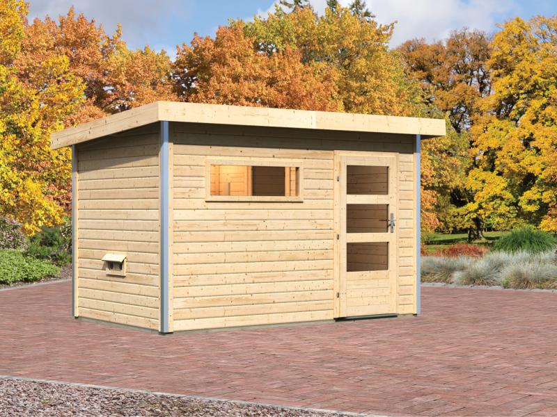 Karibu Saunahaus Skrollan 1 38 mm- ohne Ofen- moderne Tür