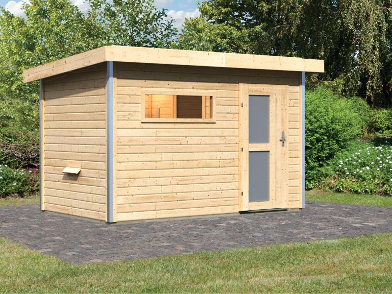 Karibu Saunahaus Skrollan 1 38 mm- ohne Ofen- Milchglastür