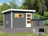 Karibu Saunahaus Skrollan 1 in terragrau- 38 mm- 9 kW Ofen ext. Strg- moderne Tür