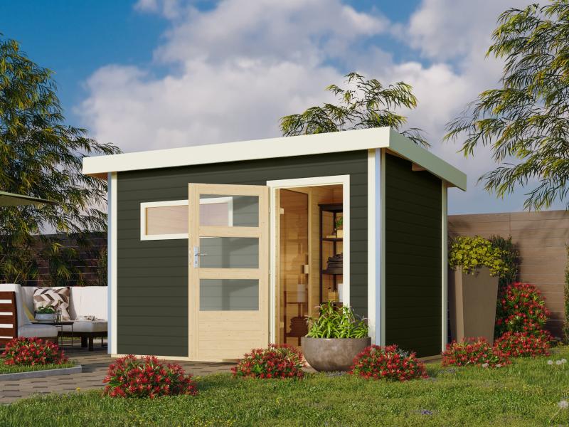 Karibu Saunahaus Skrollan 1 in terragrau- 38 mm- 9 kW Ofen ext. Strg- moderne Tür