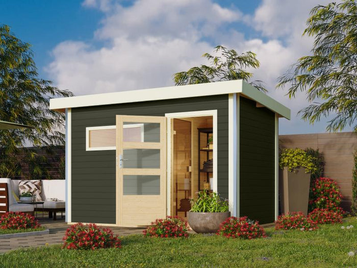 Karibu Saunahaus Skrollan 1 in terragrau- 38 mm- 9 kW Bioofen ext. Strg- moderne Tür