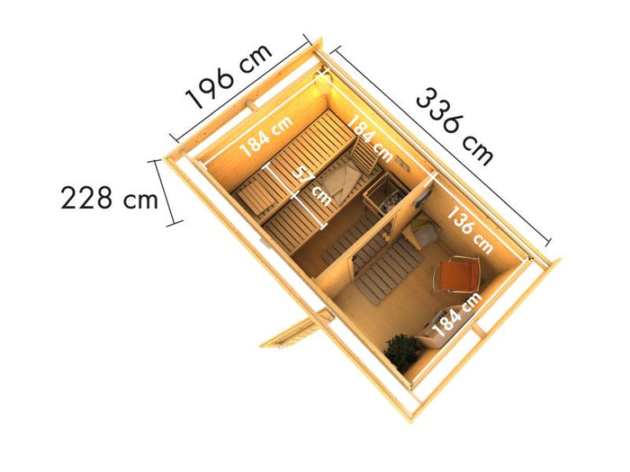 Karibu Saunahaus Skrollan 1 in terragrau- 38 mm- 9 kW Ofen ext. Streuerung- klassische Tür