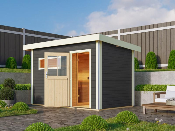 Karibu Saunahaus Skrollan 1 in terragrau- 38 mm- 9 kW Ofen ext. Streuerung- klassische Tür