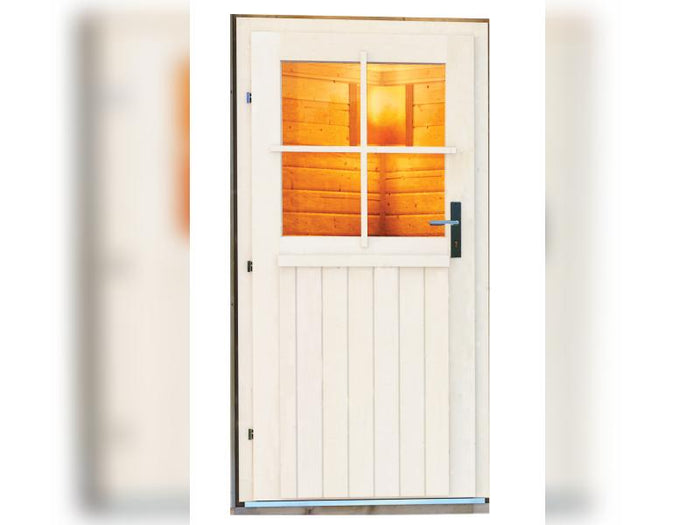 Karibu Saunahaus Skrollan 1 in terragrau- 38 mm- 9 kW Ofen ext. Streuerung- klassische Tür