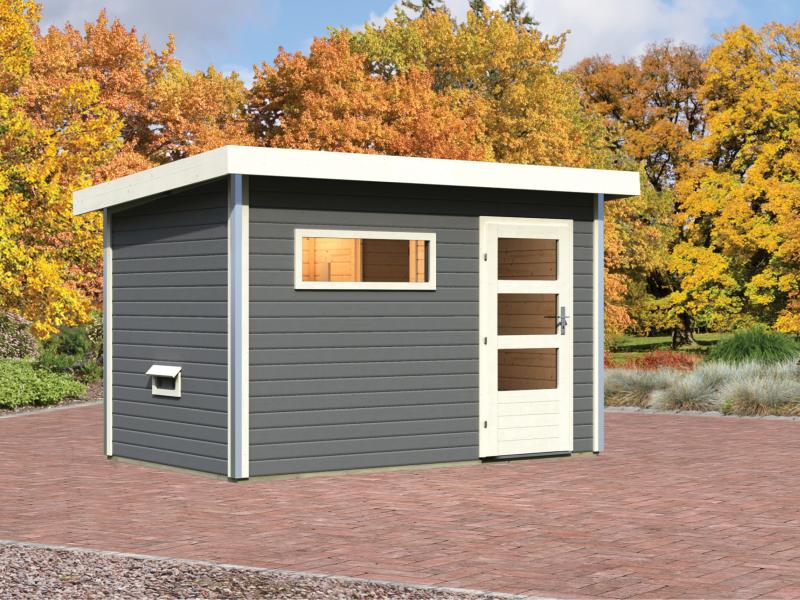 Karibu Saunahaus Skrollan 1 in terragrau- 38 mm- ohne Ofen- moderne Tür