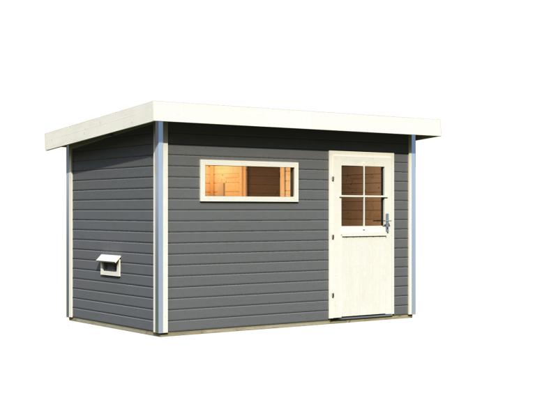 Karibu Saunahaus Skrollan 1 in terragrau- 38 mm- ohne Ofen- klassische Tür