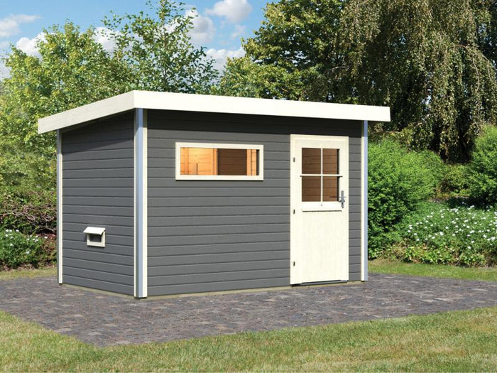 Karibu Saunahaus Skrollan 1 in terragrau- 38 mm- ohne Ofen- klassische Tür