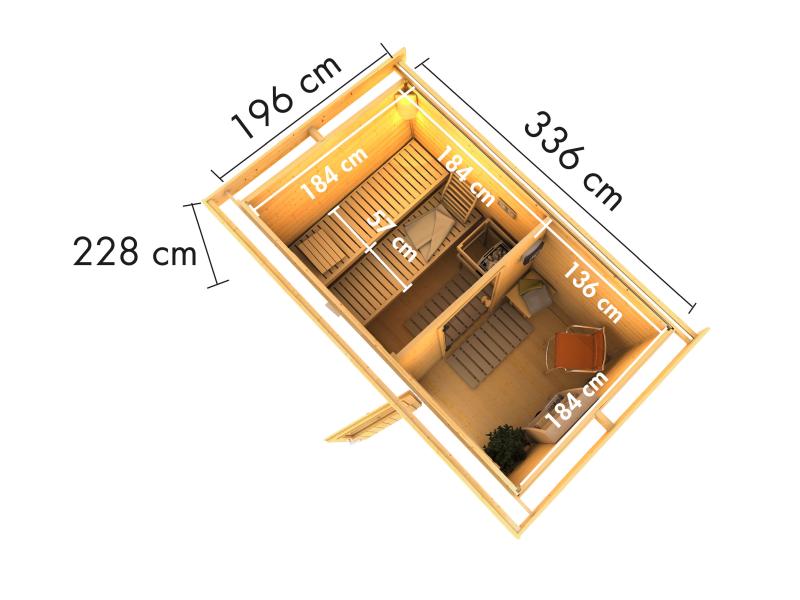 Karibu Saunahaus Skrollan 1 inkl. 9 kW Bioofen ext. Steuerung- klassische Tür
