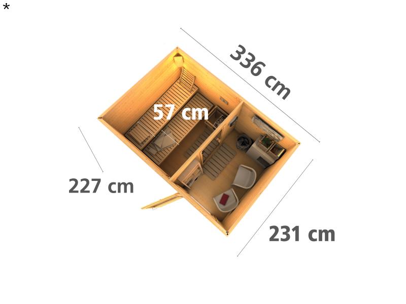 Karibu Saunahaus Skrollan 2 38 mm- 9 kW Bioofen ext. Strg- moderne Tür