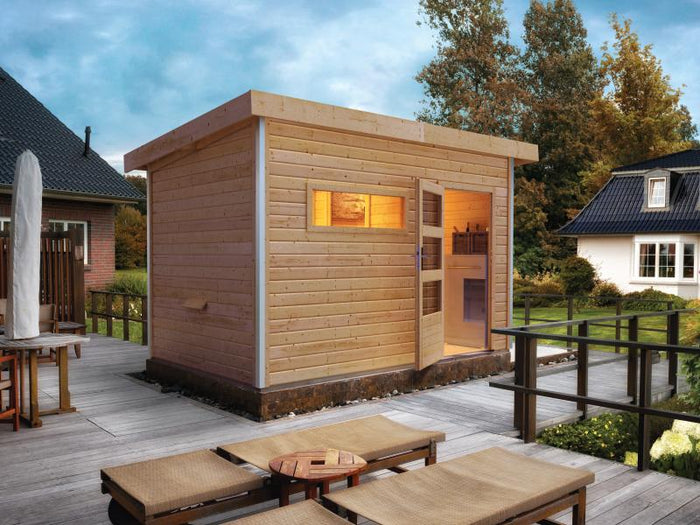 Karibu Saunahaus Skrollan 2 38 mm- 9 kW Bioofen ext. Strg- moderne Tür