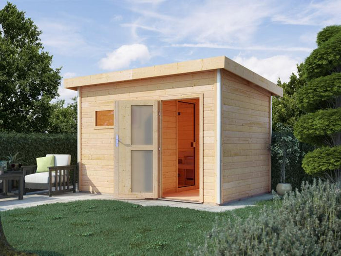 Karibu Saunahaus Skrollan 2 38 mm- 9 kW Bioofen ext. Strg- Milchglastür