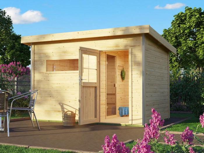 Karibu Saunahaus Skrollan 2 38 mm- 9 kW Bioofen ext. Steuerung- klassische Tür