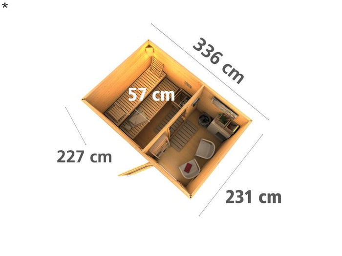 Karibu Saunahaus Skrollan 2 38 mm- 9 kW Ofen ext. Strg- moderne Tür