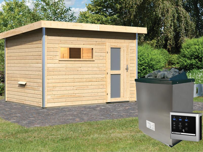 Karibu Saunahaus Skrollan 2 38 mm- 9 kW Ofen ext. Strg- Milchglastür