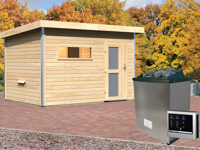 Karibu Saunahaus Skrollan 2 38 mm- 9 kW Ofen ext. Strg- Milchglastür