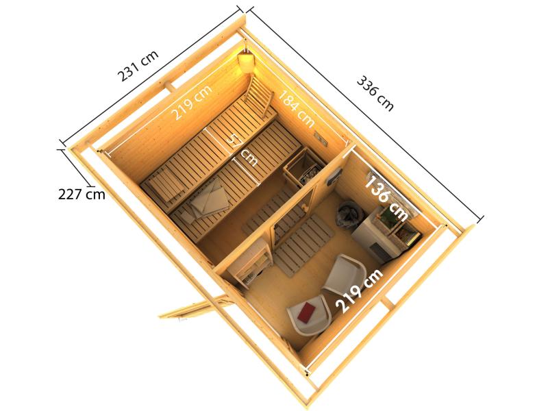 Karibu Saunahaus Skrollan 2 -38 mm- 9 kW Ofen ext. Strg- klassische Tür