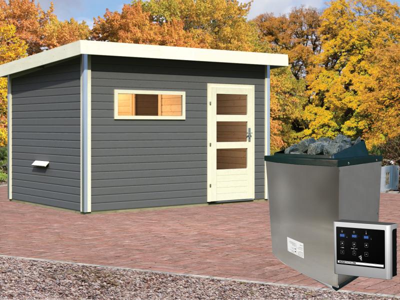 Karibu Saunahaus Skrollan 2 in terragrau- 9 kW Ofen ext. Strg- moderne Tür