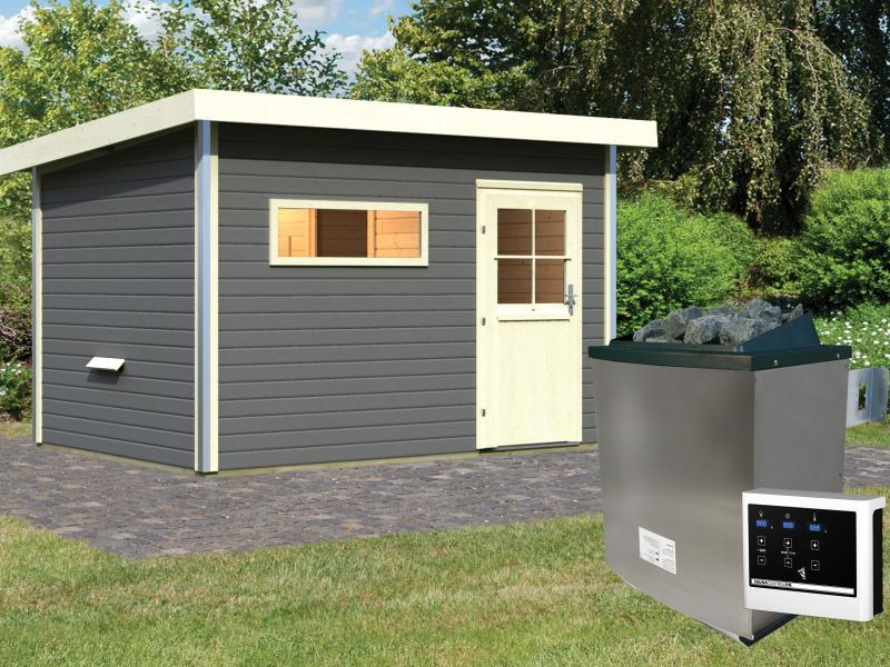 Karibu Saunahaus Skrollan 2 in terragrau- 9 kW Ofen ext. Steuerung- klassische Tür