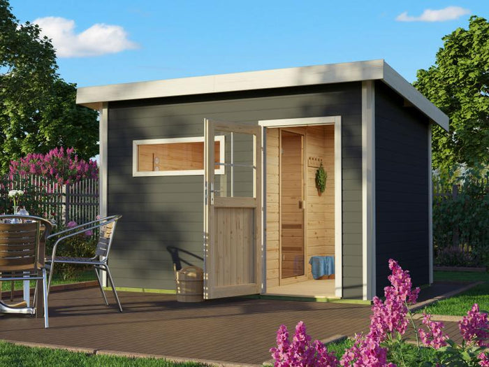 Karibu Saunahaus Skrollan 2 in terragrau- 9 kW Ofen ext. Steuerung- klassische Tür