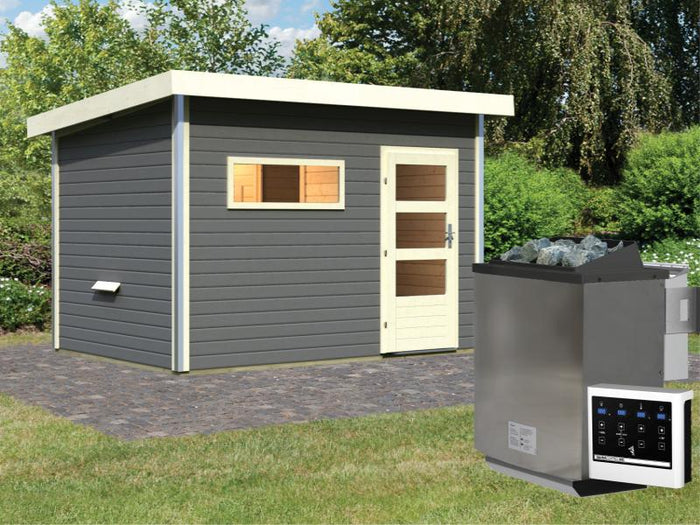 Karibu Saunahaus Skrollan 2 in terragrau- 9 kW Bioofen ext. Strg- moderne Tür