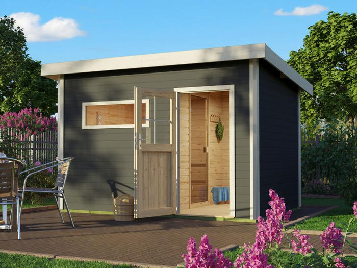 Karibu Saunahaus Skrollan 2 in terragrau- 9 kW Bioofen ext. Steuerung- klassische Tür