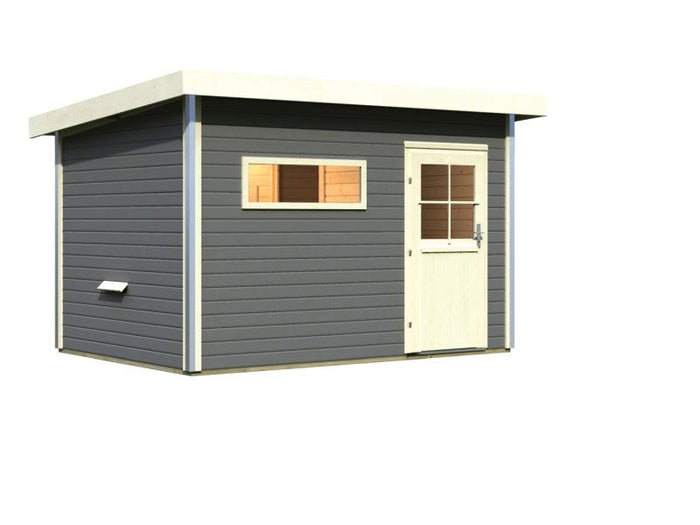 Karibu Saunahaus Skrollan 2 in terragrau- ohne Ofen- klassische Tür