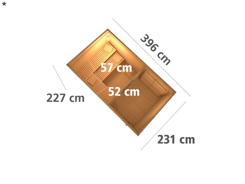 Karibu Saunahaus Skrollan 3 38 mm- 9 kW Bioofen ext. Strg- Milchglastür