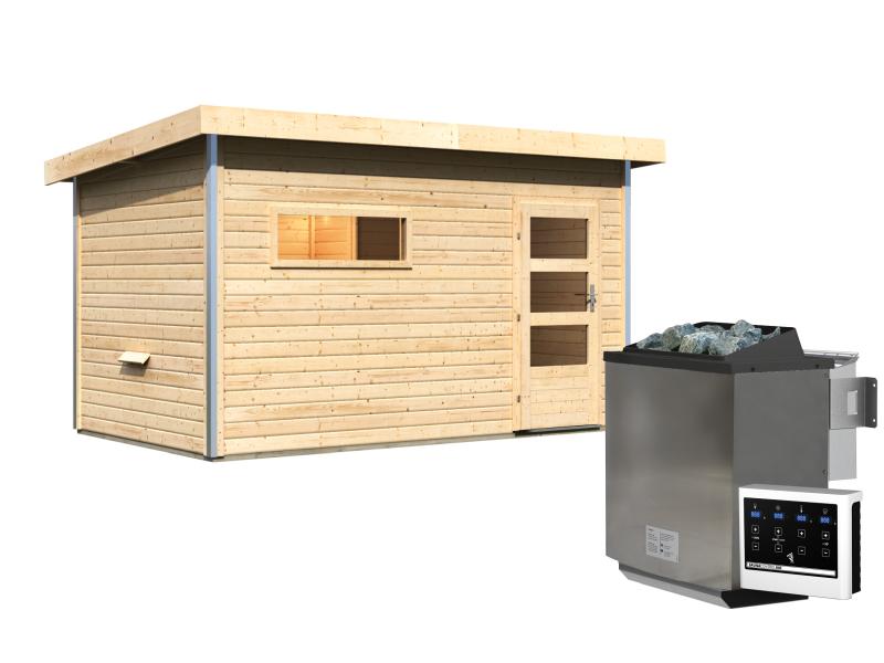 Karibu Saunahaus Skrollan 3 38 mm- 9 kW Bioofen ext. Strg- moderne Tür