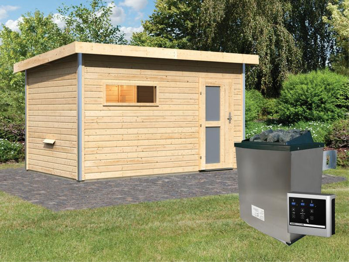 Karibu Saunahaus Skrollan 3 38 mm- 9 kW Ofen ext. Strg- Milchglastür